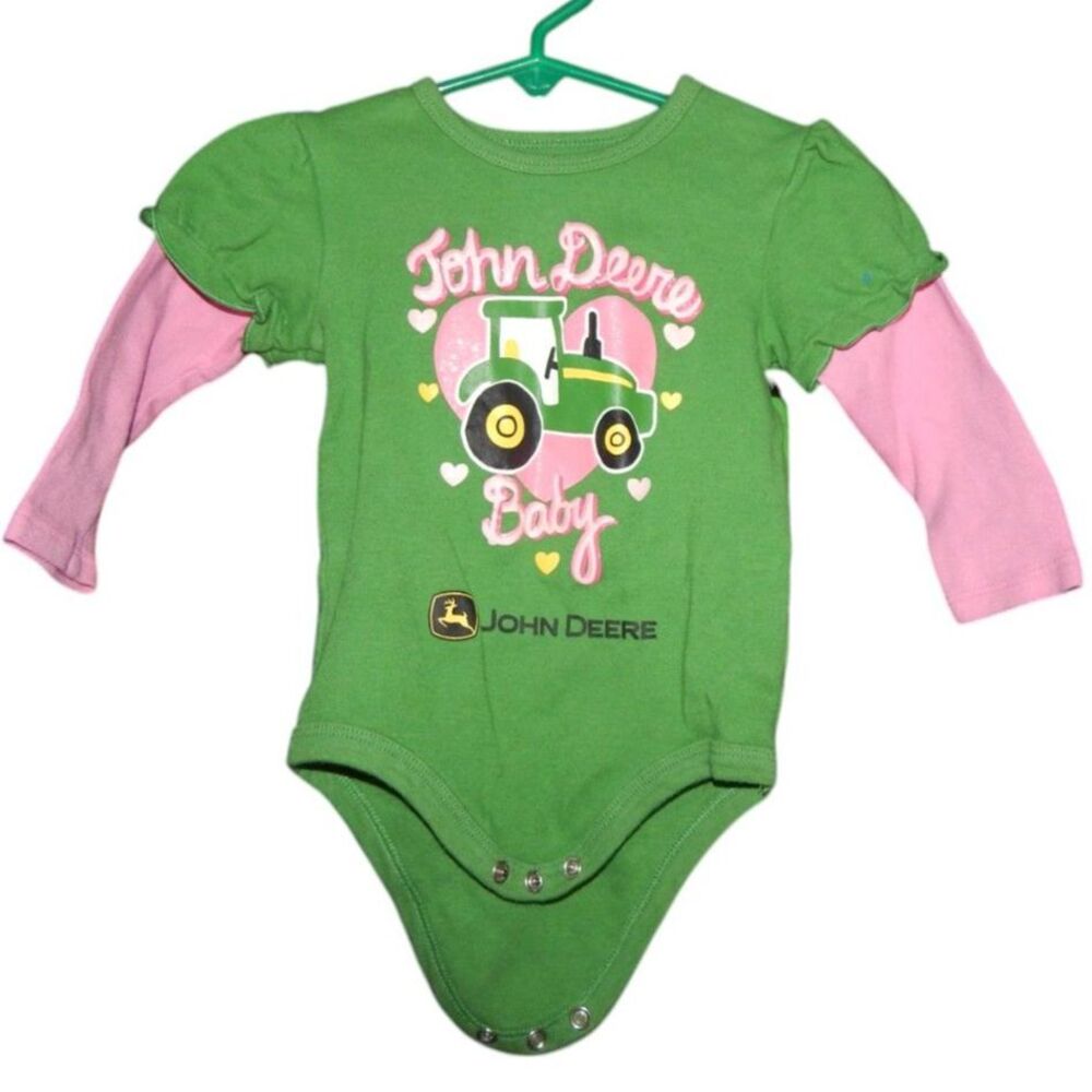 John Deere girls 9-12m baby infant 100% cotton green & pink long sleeve onesie